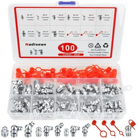 100 Piece Grease Fittings M6 M8 M10, Nickel Plated Male Thread Grease Fittings 45°90°180°, Assortment of Grease Fittings with Lid & Plastic Box, Grease Fittings for Mechanical Equipment (1/4)