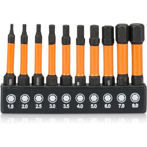 Set of 10 Allen wrench bits, Allen wrench bits, 6.35 mm hex shank, impact screwdriver bits, metric hex screwdriver bits (H1.5-H8) (1/4)
