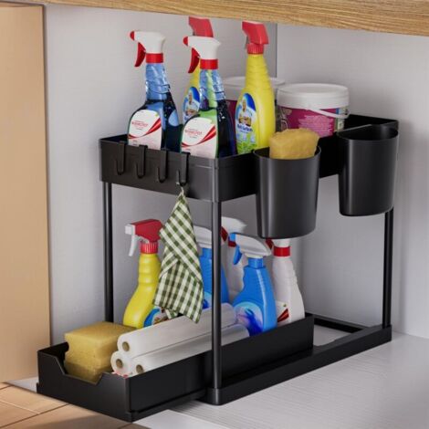 2-Tier Kitchen Organizer, Under Sink Shelf with Hooks and Cup Holder, Spice Rack, Dishwasher Organizer, Kitchen Shelf, Bathroom Cabinet Organizer, Kitchen (1/4)