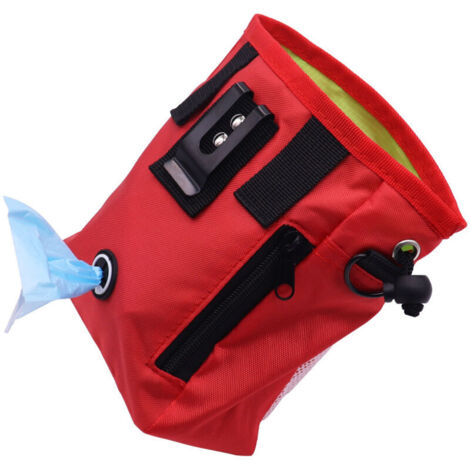 Dog treat pouch for walking and training, puppy treat bag with poop bag dispenser (red)