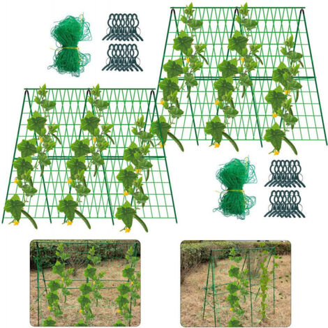 Set of 1 metal garden trellis with A-frame - 120 cm - With netting and clips - Removable - For outdoor plants - Cucumber - Flowers and vegetables (1/4)