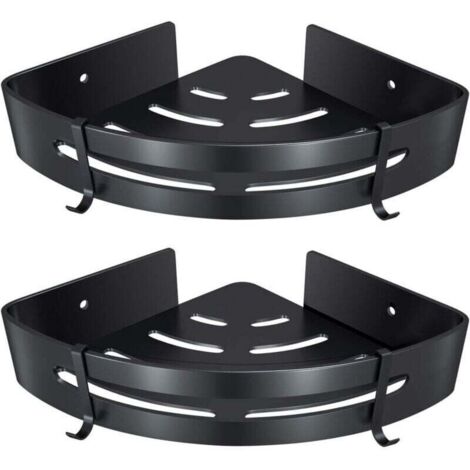 Bathroom Corner Shelf, No-Drill Shower Shelf, Adhesive Aluminum Shower Storage Basket for Shampoo, Soap, Towel, with Hooks (Triangle, Black, 2 Pieces)