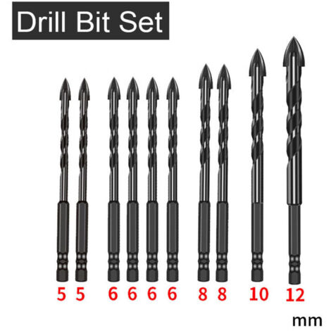 Set of 10 tungsten carbide drill bits for stone, tile, brick, ceramic, glass, metal, plastic, wood, quick-change hexagonal shank, sizes 5 mm, 6 mm, 8 mm, 10 mm, 12 mm (1/4)