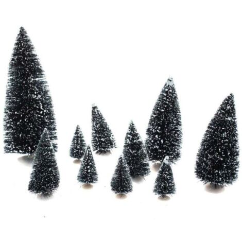 Set of 10 snow-covered green fir trees for a Christmas village