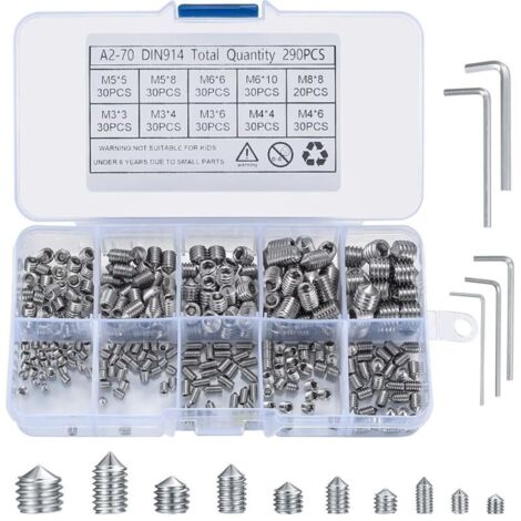 290 Pieces Hex Head Screws, Conical Head Screws, M3/M4/M5/M6/M8 Stainless Steel Set Screws, Internal Threaded Screws for Door Handles, with 5 Allen Keys