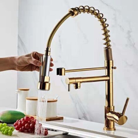 Kitchen faucet with spiral spring, 360° extendable spray head, swivel, gold (1/4)