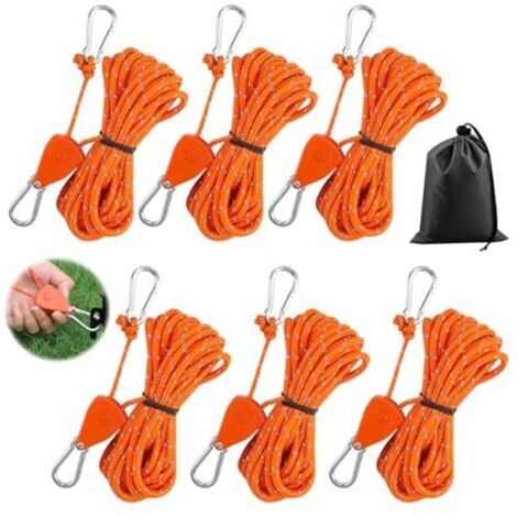 Set of 6 ratchet tensioners with hooks, reflective guy lines, ratchet hangers for clothes, 4 mm diameter ratchet tensioner with hooks for tents, fans, grow lights, 68 kg, 4 m (1/4)