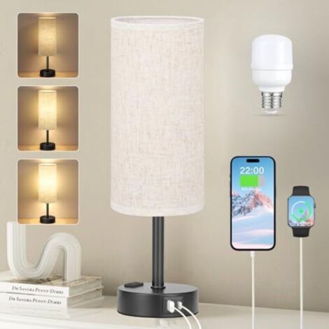 Dimmable touch bedside lamp, table lamp with USB A+C+ charging port, linen lampshade, lamp for bedside table, living room, bedroom, children's room, office (bulb (1/4)