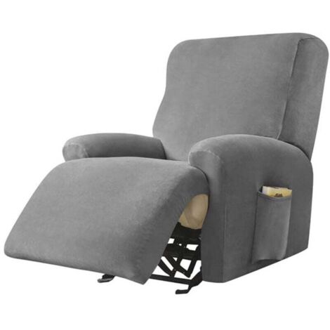 Soft Velvet Stretch Recliner Chair Cover, 4-Piece Non-Slip Sofa Cover with Side Pocket, Washable Furniture Protector for 1-Seater Recliner Chair (Dark Grey)