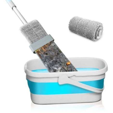 Mop with folding bucket, wringer mop, complete microfiber flat mop kit for all hard floors (1/4)