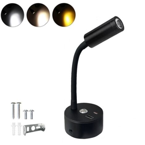 Set of 2 LED reading lights, 12V, dimmable with a simple touch, 3000K to 6000K, with USB A and C ports for interior lighting in boats and caravans, black (1/4)