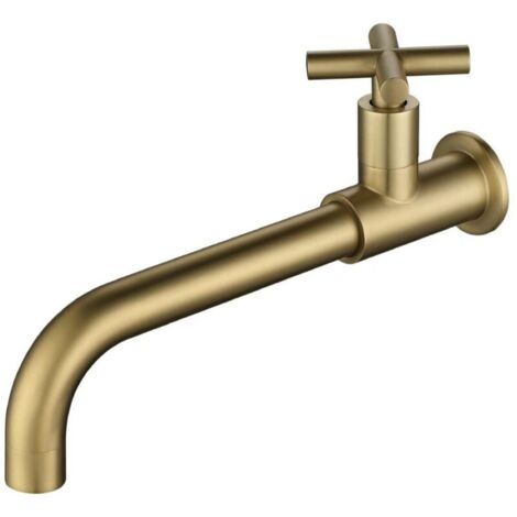 Antique brass wall-mounted cold water tap, long vintage garden tap, 360° rotating kitchen sink tap, cold water basin tap with cross handle for mop basin