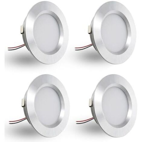 Set of 4 12V 3W LED recessed spotlights, flat LED recessed spotlights, for 55-58mm and 14mm mounting holes, 12V IP44 dimmable ceiling spotlights, recessed spotlights for furniture (silver, warm white (1/4)