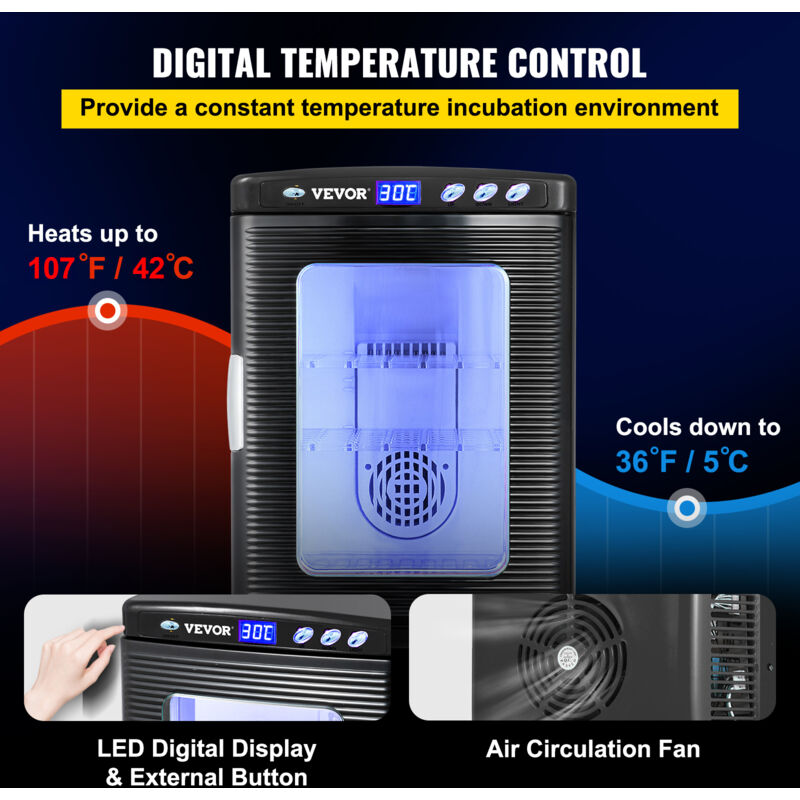 VEVOR Brutapparat 25L – Reptilien-Ei-Inkubator 5-42°C, LED-Display, Kühlung & Heizung, 220V, Für Eier, Labor, Transport
