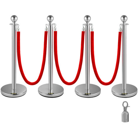 VEVOR Edelstahl Absperrpfosten Seil Abgrenzungsständer Kugelkopf 3 Rote Samtseile Silberne Säule 4 Packung Crowd Control Barriers (1/5)