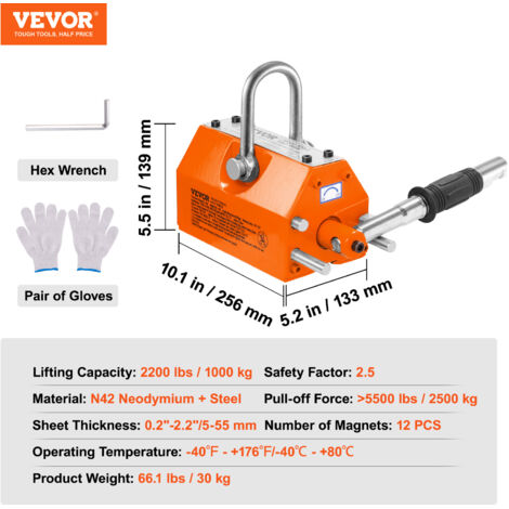 Produktbild von VEVOR Lasthebemagnet – 300 Kg Tragkraft, 750 Kg Zugkraft, N42 Neodym, Mit Sicherheitsgriff & Verchromtem Haken – Für Stahlplatten & Rundstahl