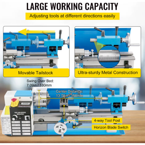 Mophorn 7x14 Zoll Metalldrehmaschine – 550W, 50-2500 U/min, Variable Geschwindigkeit, 3-Backenfutter, Für Präzisionsarbeiten