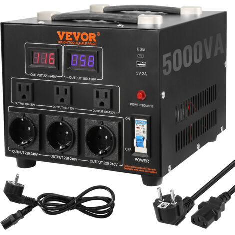 VEVOR 5000W Spannungswandler Transformator AC 110V⇋220V Transformer Wandler 3x US NEMA 5-15R 3-polige / 3x europäische Shucko-Ausgangssteckdosen, 1x 5V-USB-Anschluss und 1x Typ-C-Buchse