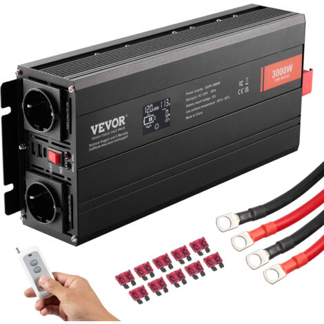 VEVOR Wechselrichter mit reiner Sinuswelle 3000W DC12V AC 230 V Spannungswandler 2 AC-Steckdosen 2 USB-Anschlüssen 1 Typ-C-Anschluss LCD-Display und Fernbedienung für große Haushaltsgeräte (1/5)