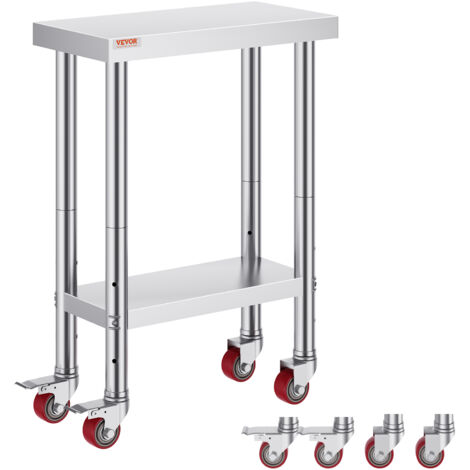 VEVOR Arbeitstisch 61 x 30 x 81 cm Edelstahl Catering Arbeitstisch Belastbarkeit 350 kg, Lebensmittel Zubereitungstisch mit Nachlauf Gewerbliche Arbeitstisch für Küche Bar 4 verstellbare Füße