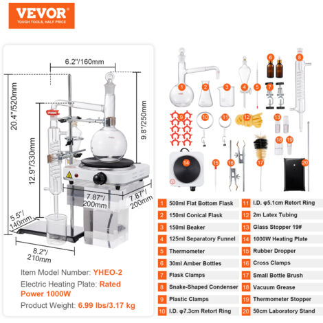 VEVOR Destillationsset für Ätherische Öle, 2000-ml-Destillationsgerät, 3,3- Boro-Laborglas-Destillationsset mit 1000-W-Heizplatte und 24-, 40-Verbindung, 28-teiliges Set VEVOR Destillationsset für Ätherische Öle, 2000-ml-Destillationsgerät, 3,3- Boro-Laborglas-Destillationsset mit 1000-W-Heizplatte und 24-, 40-Verbindung, 28-teiliges Set