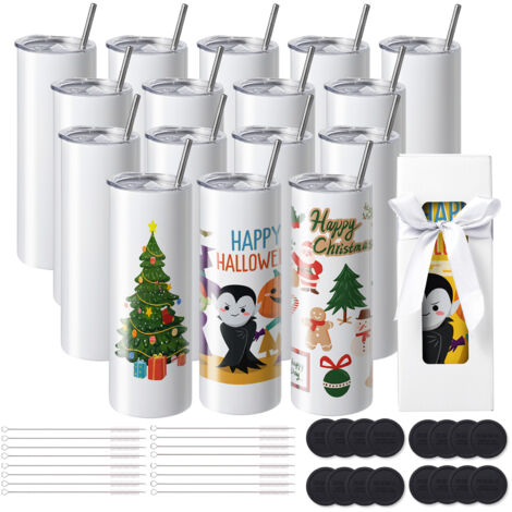 VEVOR 16er-Pack Gerade Sublimationsbecher, 20 oz Blanko-Becher, Edelstahl-Doppelwandbecher mit Strohhalm, Deckel, Bürste, Boden, Schrumpffolie, Geschenkbox, für Wärmepresse & Wärmeübertragung (1/5)