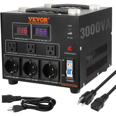 VEVOR 3000W Spannungswandler Transformator AC 110V⇋220V Transformer Wandler 3 US NEMA 5-15R 3-polige Ausgangssteckdosen, 3 europäische Shucko-Ausgangssteckdosen, 1 USB-Buchse und 1 Typ-C-Buchse