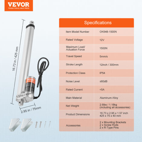 VEVOR Linearantrieb 12V – 1500N, 150mm Hub, IP54, Geräuscharm ≤60dB, 5mm/s – Für Türen, Möbel & Automatisierung