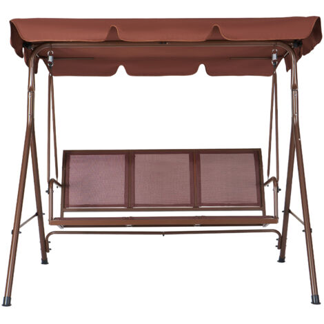 Mophorn 3-Sitzer-Terrassenschaukelstuhl, Outdoor-Schaukel mit verstellbarem Baldachin, Armlehnen, Teslin-Stoff und Rahmen aus legiertem Stahl, für Balkon, Hinterhof, Terrasse, Garten, Poolrand, Braun (1/5)