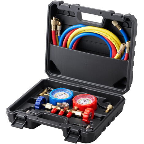 VEVOR Kältemittel Manometer 3-Wege Auto Kältemittel Verteiler Messgeräteset, R134A-R22-R12-R502 AC 4 Stk. 5 Fuß Ladeschläuche Kältemittel Manifold Messgerät AC-Diagnosewerkzeuge Autoklimaanlagen