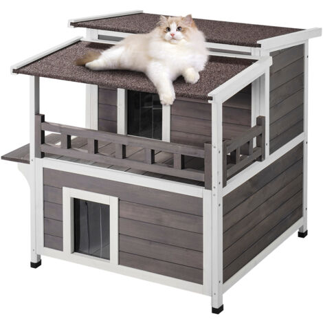 VEVOR Katzenhaus für draußen, wetterfest, Unterschlupf für Wildkatzen für mehrere Katzen, großes 2-stöckiges Katzenhaus aus Holz für draußen mit Balkon, Türen, PVC-Türklappen und offenem Dach (1/5)
