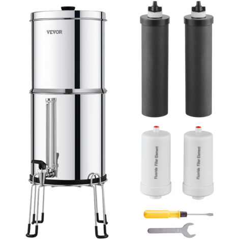 VEVOR Schwerkraft Wasserfiltersystem Edelstahl Arbeitsplattensystem 7+7,5L Wasserfiltrationssystem, reduziert Blei und bis zu 99 % Chlor, mit 2 Aktivkohlefiltern & 2 Entfluorierungsfiltern & Zapfhahn (1/5)