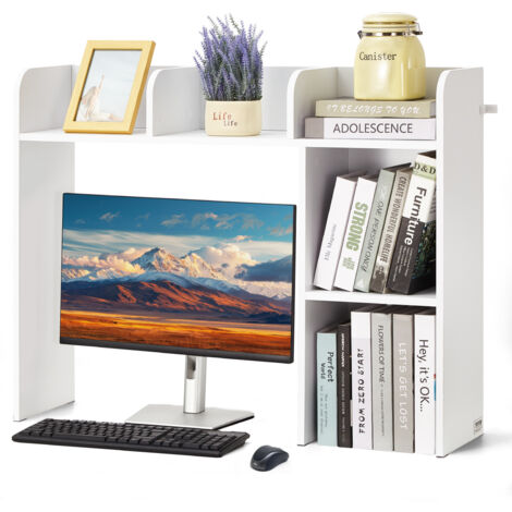 VEVOR Schreibtisch Bücherregal 2-stufiger Organizer (94,5 x 24,1 x 73,4 cm) Tischregale Schreibtisch Organizer Ausstellungsregal aus Spanplatten mit rutschfesten Füßen, für Büro Wohnheim, Weiß (1/5)