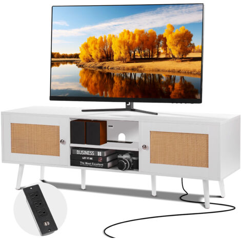 VEVOR Rattan-TV-Ständer für 165 cm Fernseher, Boho-TV-Ständer mit Rattantür, Fernsehschrank mit eingebauter Steckdose und USB-Anschlüssen, moderne TV-Konsole für Wohnzimmer, Medienraum, weiß (1/5)