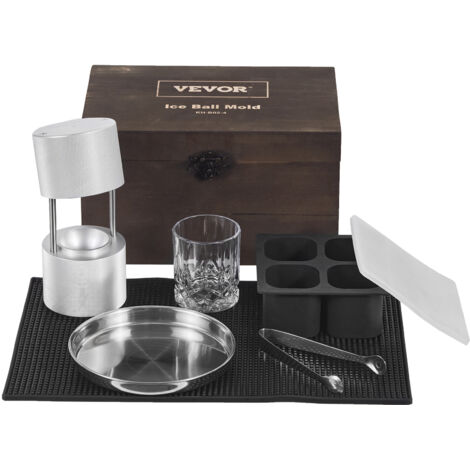 VEVOR Eiswürfelbereiter Eiswürfelformen Satz 60 mm, Eiswürfelform Eiskugelform mit Tropfschale & Eiszange & Glas, Strapazierfähige Eiswürfelformen Eiswürfelbehälter Silber Whisky, Americano (1/5)