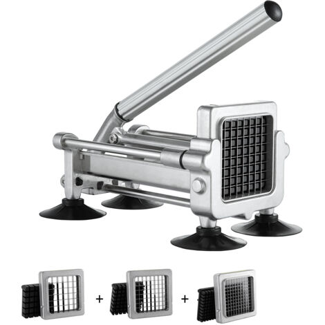 VEVOR Pommes-Frites-Schneider, Kartoffelschneider mit 1/2 & 3/8 & 1/4 Zoll Edelstahlklingen, Kartoffelzerkleinerer mit Saugnäpfen & silberfarbenem Griff, ideal für Kartoffeln Gemüse Gurken Karotten