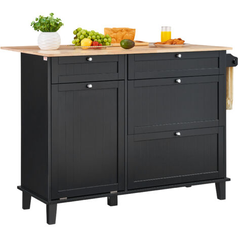 VEVOR Kücheninselwagen, 128 cm Frühstücksbar mit Holzplatte und ausklappbarem Müllschrank, 10 Gal Stauraum, Bauernhaus-Ess-/Wohnzimmertisch mit Klappplatte, Handtuchhalter, Schublade, schwarz (1/5)