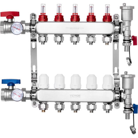 VEVOR 5-Zweig-Wärmeverteilungsverteiler, 1/2-Zoll-PEX-Rohrverteiler, Edelstahl-PEX-Verteiler für hydronische Fußbodenheizung, Wärmeverteilungs-PEX-Verteilersatz mit 1/2-Zoll-Adaptern im Lieferumfang (1/5)