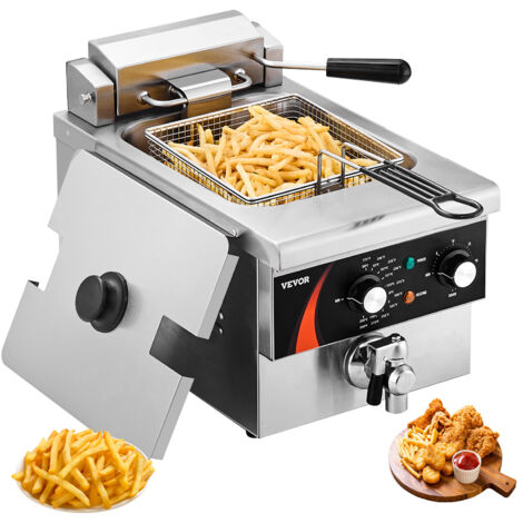 VEVOR kommerzielle Fritteuse, 3000 W elektrische Aufsatzfritteuse mit Korb, 5,9 L Einzelölfritteuse, verdickter Edelstahl, Zeit- & Temperaturkontrolle, für Küche Restaurant Cafe Restaurant, Silber