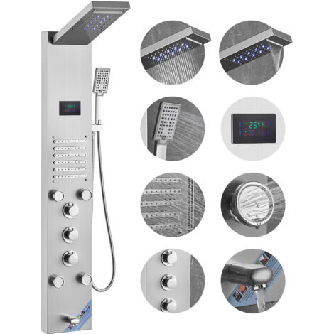 VEVOR Duschpaneelsystem, 6 Duschmodi, LED- und Bildschirm-Wasserkraft-Duschpaneelturm, Regenfall, Wasserfall, 5 Massagedüsen, Wannenauslauf, Handbrause, wandmontiertes Duschset aus Edelstahl (1/5)