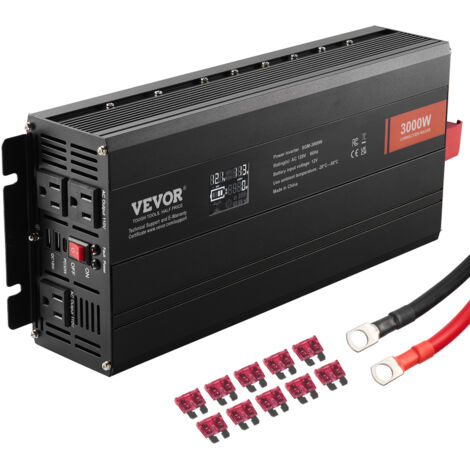 VEVOR Sinus-Wechselrichter 3000 W DC 12 V AC 230 V LCD-Display Wechselrichter mit 3 AC-Steckdosen 2 USB-Anschlüssen 1 Typ-C-Anschluss 10 Ersatzsicherungen für große Haushaltsgeräte (1/5)