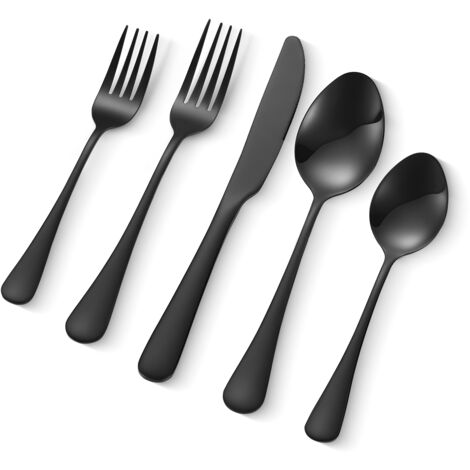 VEVOR 30-teiliges Besteckset aus lebensmittelechtem Edelstahl, hochglanzpoliertes Essbesteck-Set, spülmaschinenfestes Essgeschirr, Service für 6 Personen, inkl. Messer Gabel Löffel Schwarz (1/5)