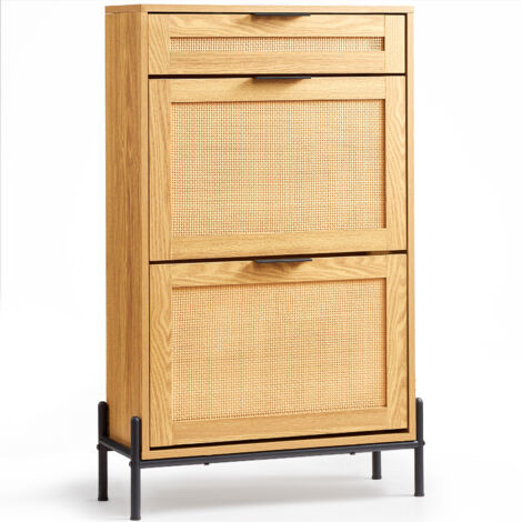 VEVOR Schuhschrank Schuhkommode aus Rattan mit 2 Klappschubladen & 1 Ausziehschublade, Metallbeine, schmaler Schuhschrank ideal für Eingangsbereich Diele Schrank Flur helle Holzfarbe Schuhkipper (1/5)