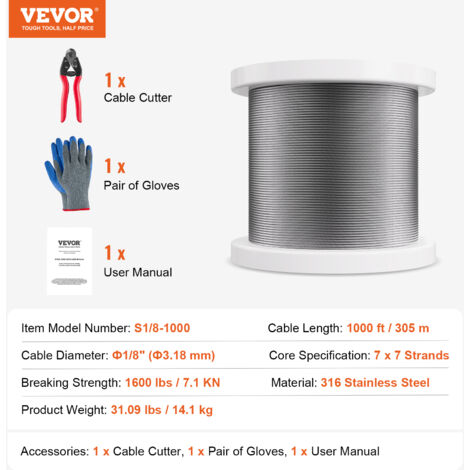 VEVOR Drahtseil-Set 1,59 Mm X 20,2 M – 304 Edelstahl, 7x7 Litzen, Mit Crimpzange, 160 Hülsen & 12 Kauschen – Für Geländer, Zäune & Handläufe