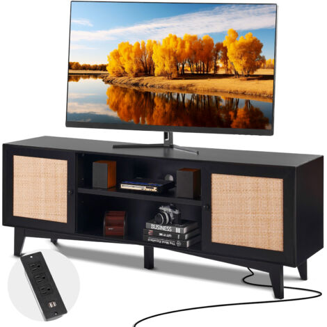 VEVOR Rattan-TV-Ständer für 191 cm Fernseher, Boho-TV-Ständer mit Rattantür, Fernsehschrank mit eingebauter Steckdose, Lagerschrank mit 2 Regalen, moderne TV-Konsole für Wohnzimmer, Schwarz (1/5)