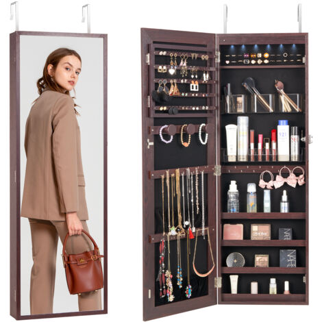 VEVOR abschließbarer Schmuckschrank Schmuckspiegelschrank 108cm Hohe, Aufbewahrung von Juwelen mit Ganzkörperspiegel, Wandmontage Schmuckspiegel-Organizer mit LED-Innenbeleuchtung & Samtfutter, braun (1/5)