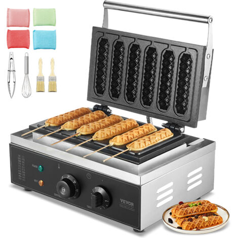 VEVOR Kommerzieller Waffeleisen, 6-teilig, 1500 W Waffeleisen, antihaftbeschichtetes Edelstahl-Waffeleisen für Mais-Hotdogs mit Temperatur- und Zeitregelung, Griff, für Restaurant, Bäckerei, Snackbar (1/5)