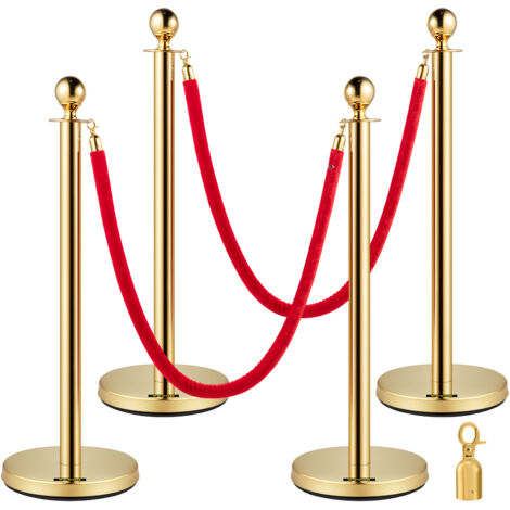 VEVOR Edelstahl Absperrpfosten Seil Abgrenzungsständer Kugelkopf 2 Rote Samtseile Goldene Säule 4 Packung Crowd Control Barriers (1/5)