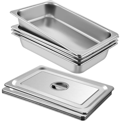 VEVOR Vassoio Rettangolare Portabile 13L Vassoio in Acciaio Inossidabile da 4 Pezzi, Piatto e Pentola al Vapore da Cucina 530x325x100mm con Coperchio, Teglia da Forno per Bar, Ristorante e Hotel