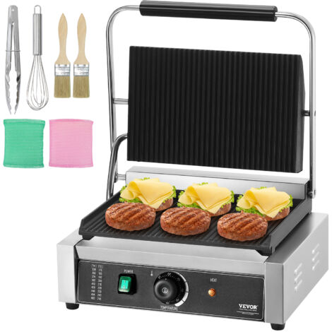 VEVOR Piastra Elettrica per Panini Professionale, 2200 W, in Acciaio Inox con Maniglia e Controllo della Temperatura, Piastra Smaltata Scanalata Completa da 34 x 23 cm, per Bistecche, Pancetta